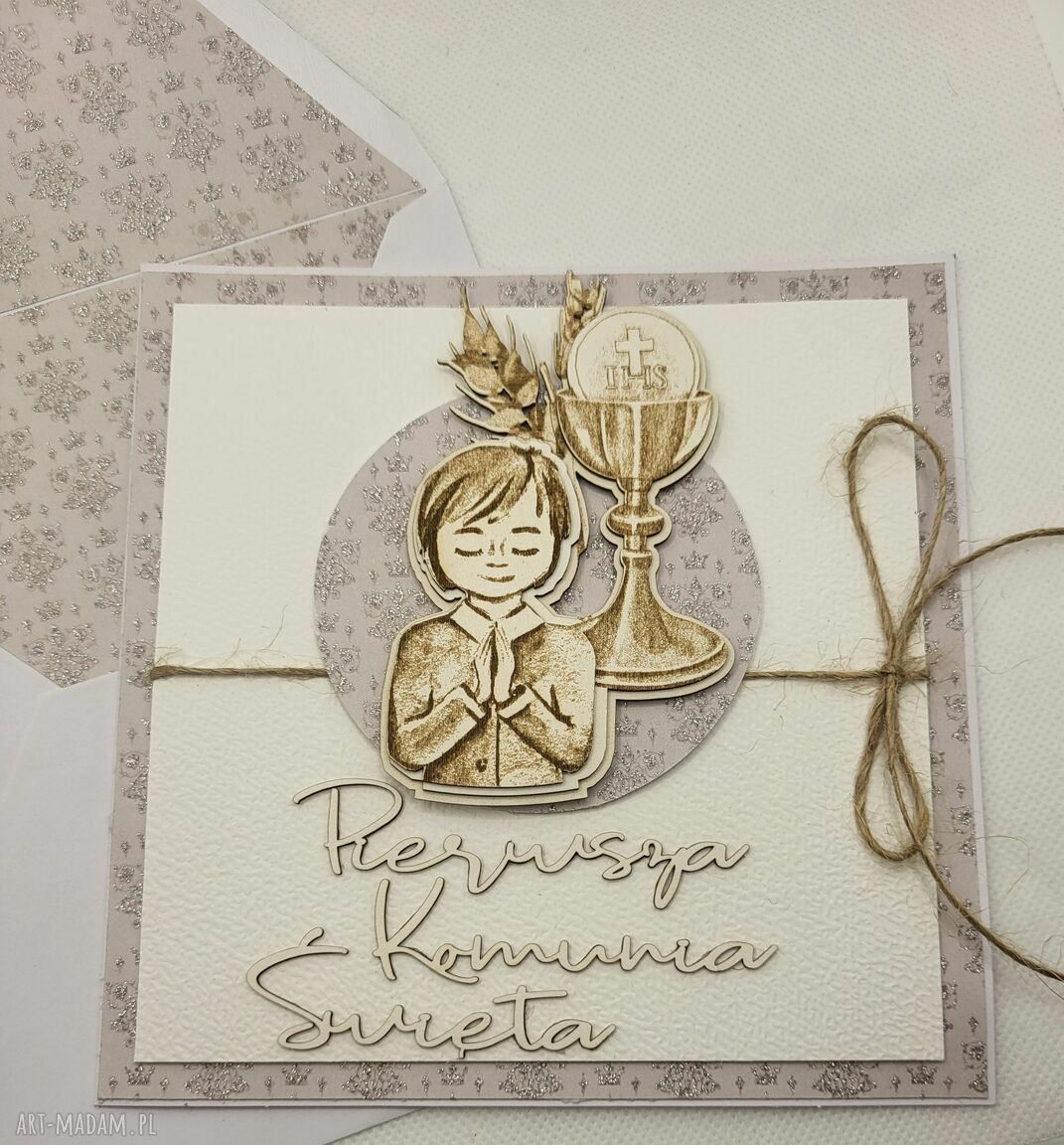 kartka komunijna chłopiec z pasującą koperta scrapbooking ღ art Madam pl