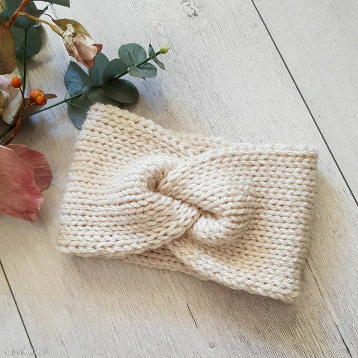 szeroka opaska turban podwójnie robiona handmade ecru ręcznie ღ art