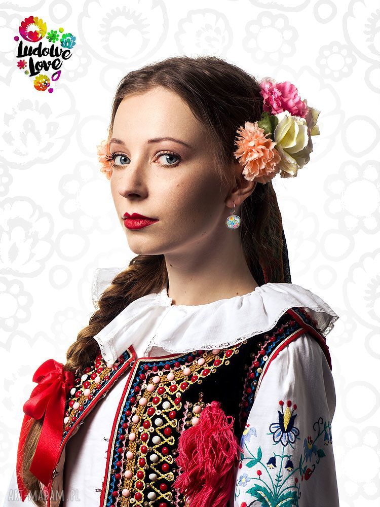 Kolczyki Wiszące Folk motyw folklor łowicki ludowe wycinanki