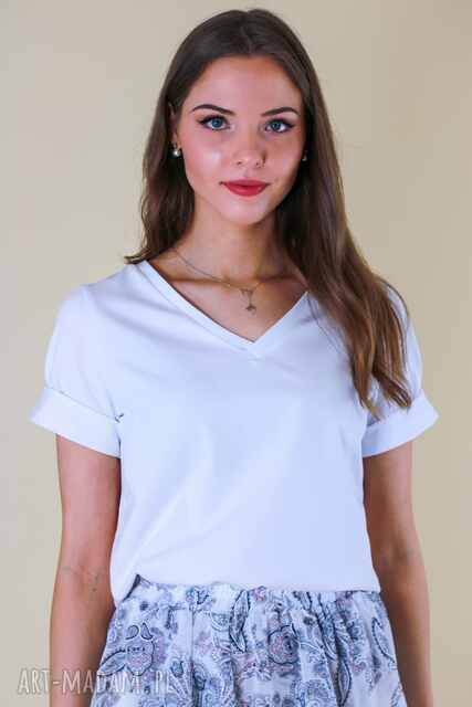 T-shirt biały, koszulka damska bawełniana z dekoltem w serek LONA