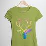 bluzki: Malowana zielona koszulka Kolorowy Jeleń Wiosenny - krótki hipster