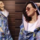 Długa bluza oversize w liscie i kwiaty ogromny kaptur, kolorowa M LATO