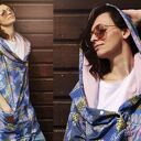 Długa bluza oversize w liście i kwiaty ogromny kaptur, kolorowa L LATO