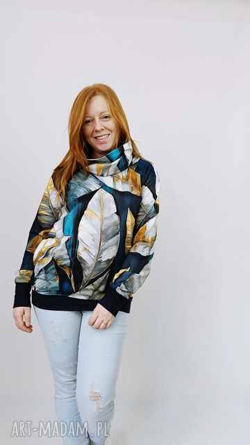 Bluza damska WIOLA złote liście na turkusie