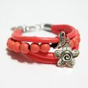 Bransoletka - Malinowa - rzemienie, drewniane koraliki