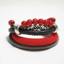 Bransoletka - Czerwone korale - rzemienie, drewniane koraliki