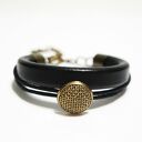 Bransoletka skórzana - Złoty guzik - unisex, czarna
