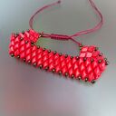 Bransoletka z koralików GemDuo - intensywna czerwień i złoto, szeroki cuff (handmade)