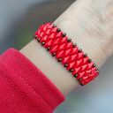 Bransoletka z koralików GemDuo - intensywna czerwień i złoto, szeroki cuff (handmade)