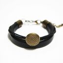 Bransoletka skórzana - Złoty guzik - unisex, czarna