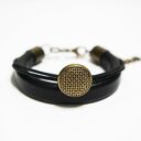 Bransoletka skórzana - Złoty guzik unisex, czarna