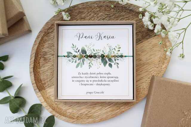 Zestaw prezentowy dla Nauczycielki - bransoletka Listek z dedykacją