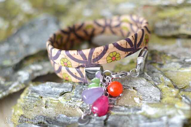 Bransoletka z korka flowerby double z jadeitem