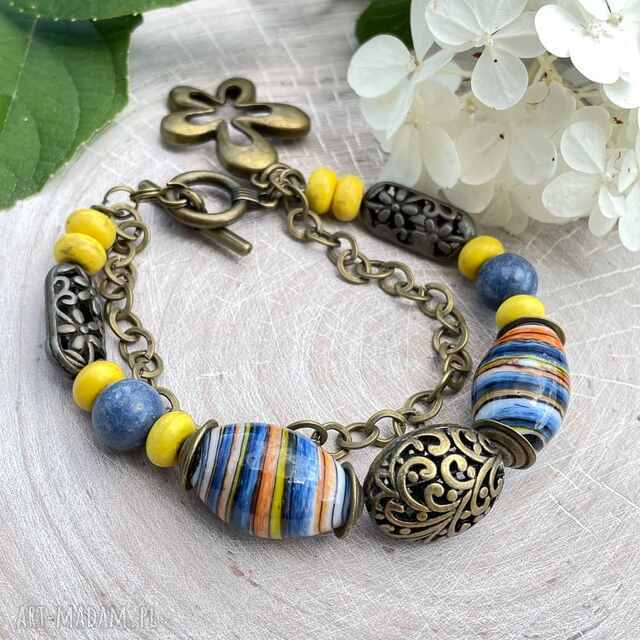 Ceramiczna bransoletka z niebieskimi i żółtymi akcentami c653