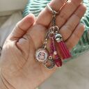 Różowy brelok z sową i księżycem - handmade do kluczy i torebki