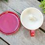czerwona filiżanka ceramika z kotem - beż - rękodzieło - ok 300