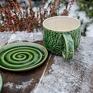 Talerz deserowy z Filiżanką | Leśne Etno Zieleń | 300 ml - rękodzieło ceramika na prezent