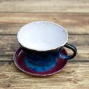 Ręcznie toczona ceramiczna filiżanka wrzosowo-niebieska 260 ml z talerzykiem