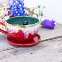 Ręcznie robiona filiżanka z figurką kota - czerwono-jadeitowa, ok 300 ml