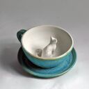 Ceramiczna filiżanka kubek z figurką kota - Turkus