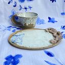 Ręcznie robiony zestaw ceramiczny - filiżanka i talerzyk w stylu romantycznym