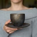 Rustykalna filiżanka ceramiczna 270 ml - ręcznie odlewana, srebrem i ciemnym złotem