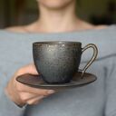 Rustykalna filiżanka ceramiczna 270 ml - ręcznie odlewana, srebrem i ciemnym złotem