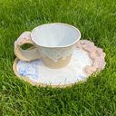 Ręcznie robiony zestaw ceramiczny - filiżanka i talerzyk w stylu romantycznym