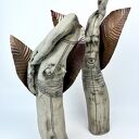 Rzeźba ceramiczna ptak - dekoracja handmade ze szarej gliny, szkliwa i miedzi