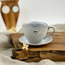 Filiżanka ze spodkiem w stylu boho ręcznie robiona 180 ml - cappuccino z sercem