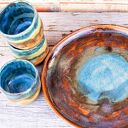 Duży talerz ceramiczny z 3 czarkami - rustykalna patera do serwowania