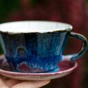 Ręcznie toczona ceramiczna filiżanka wrzosowo-niebieska 260 ml z talerzykiem