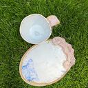 Ręcznie robiony zestaw ceramiczny - filiżanka i talerzyk w stylu romantycznym
