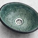 Ręcznie robiona umywalka ceramiczna - zielona misa nablatowa z fakturą koronki