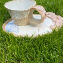 Ręcznie robiony zestaw ceramiczny - filiżanka i talerzyk w stylu romantycznym
