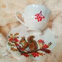 Komplet filiżanka z talerzykiem Wiewiórki - ręcznie malowana porcelana