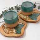 Czarka do espresso ceramiczna z podstawką - liść (ręcznie malowana)