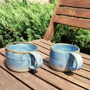 Dwa niebieskie kubki ceramiczne - zestaw na herbatę (handmade)