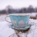 Niebieska filiżanka z koniem Azul Horse do kawy - kamionka ok 300 ml (z talerzykiem)