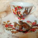 Komplet filiżanka z talerzykiem Wiewiórki - ręcznie malowana porcelana
