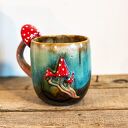 Handmade Duży Kubek z muchomorkiem | Turkusowe poszycie | ok 550ml | (III)