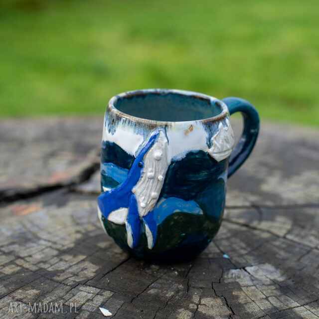 Kubek duży kamionkowy - z wielorybem - Akwarelowe morze white - 450 ml