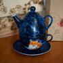 niebieskie ceramika dziewczyny zestaw do herbaty jednej osoby ręcznie malowany lisami prezent dla niej