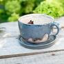 ceramika: z koniem | niebieskoszary | do kawy | gniadosz | ok 350 ml - prezent filiżanka z figurką rękodzieło ceramiczne