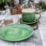 ceramika: Talerz deserowy z Filiżanką | Leśne Etno Zieleń | 300 ml - rękodzieło zielony na ciasto