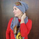 Komplet wełniany szary handmade - czapka i chusta z merynosów w kwiaty