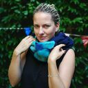Komin boho z filcowanej wełny merynosów - etno folk kwiaty, granatowa tuba
