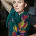 Zielona /turkusowa ciemna chusta handmade wełniana, elementy filcowane to wełna
