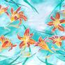 chustki i apaszki: Jedwabny szal malowany w liliowce pomarańczowe kwiaty na miętowym tle jedwab liliowiec