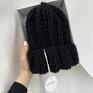 Gruba delikatna wełniana czapka beanie 100% handmade - wełna granat